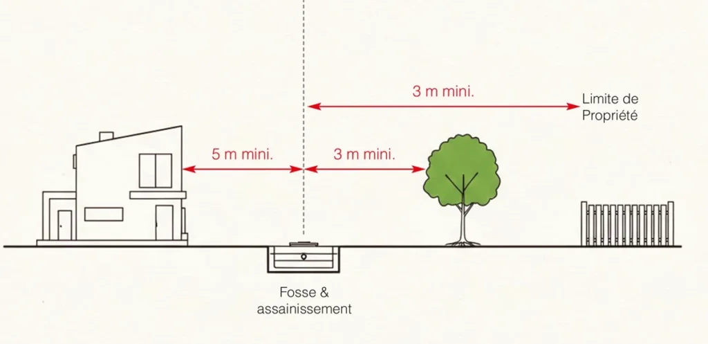 Schéma des distances réglementaires d’une installation de fosse toutes eaux (NF DTU 64.1).